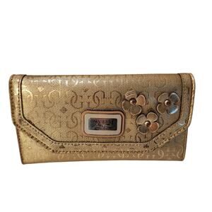GUESS Womens Trifold Wallet Gold Pocketbook Flower Embellishments Metallic